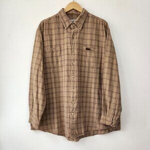 Carhartt Men 2XL TALL Brown Plaid Button-Up Shirt Thrashed Patina Chore Barn VTG